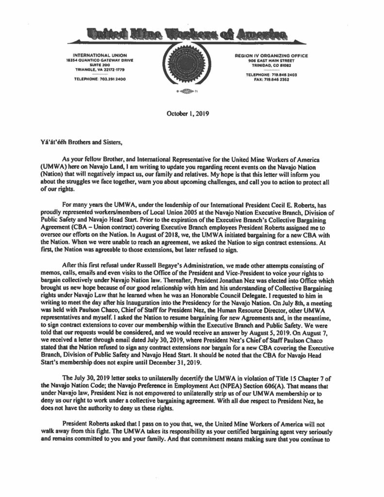 October 1, 2019 Letter to the Navajo Nation - UMWA