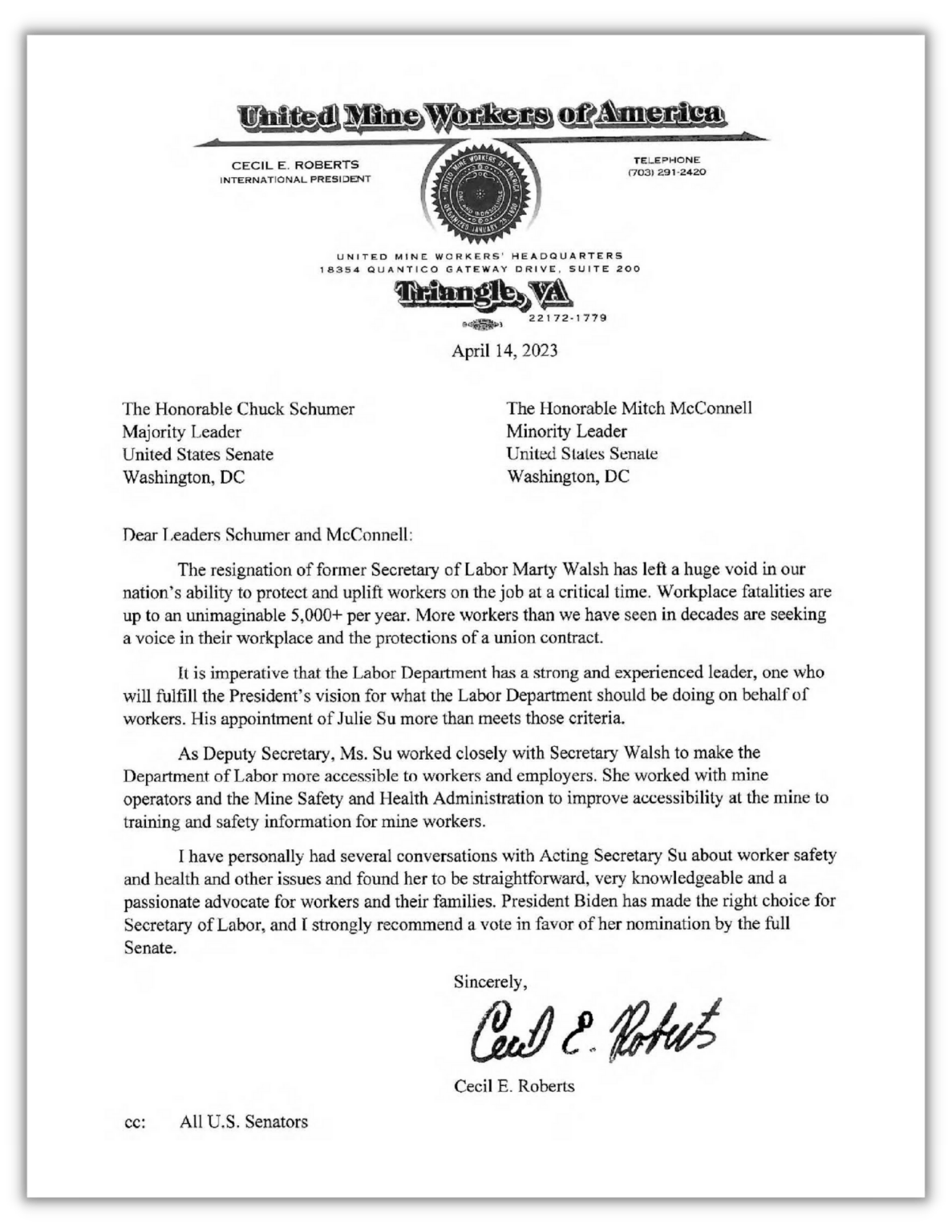 Umwa Letter Of Support For Acting Secretary Su As Secretary Of Labor United Mine Workers Of 7134